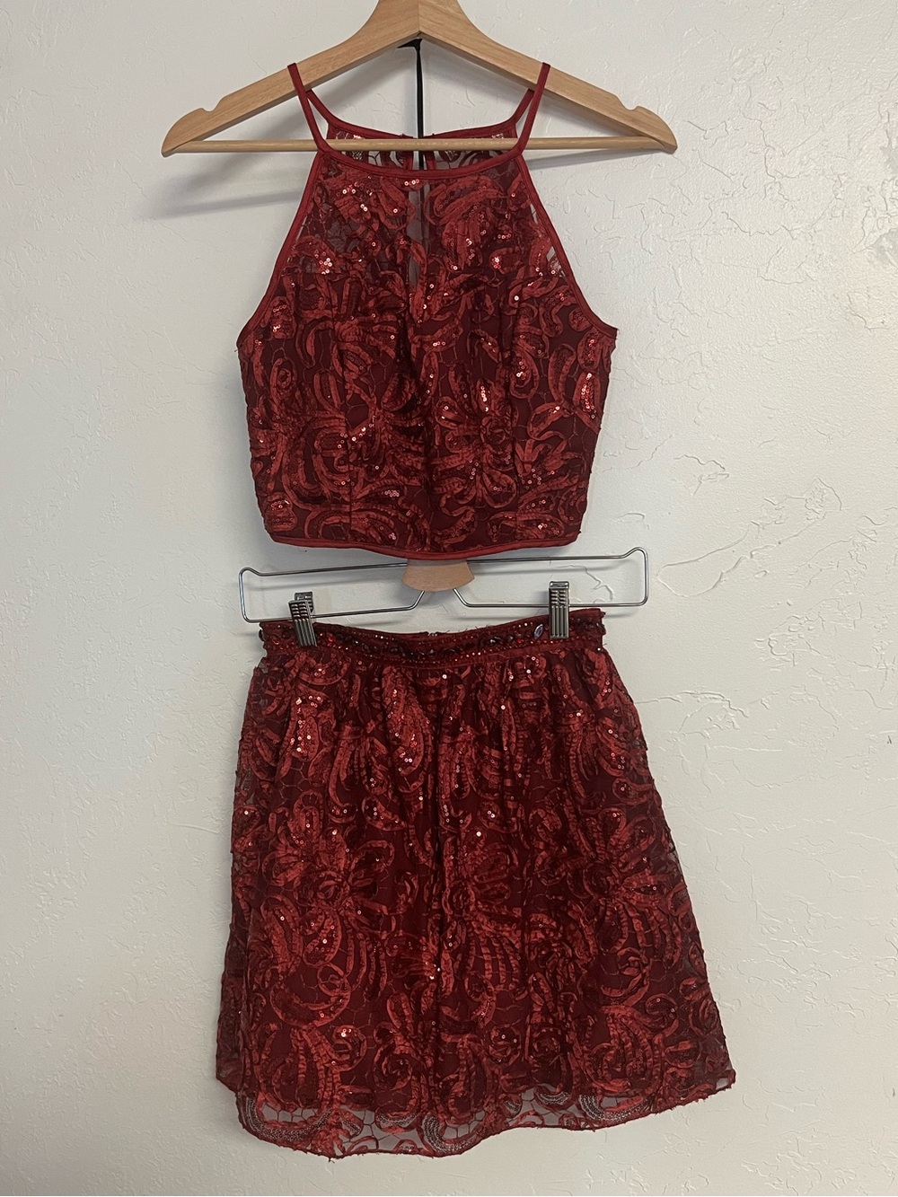 Honey and Rosie Red Sequin Lace Two-Piece Prom Dress